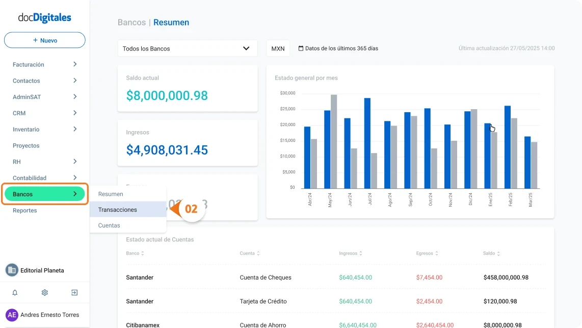 Eliminar una transacciónd del listado de transacciones bancarias en un ERP desarrollado para Pymes mexicanas