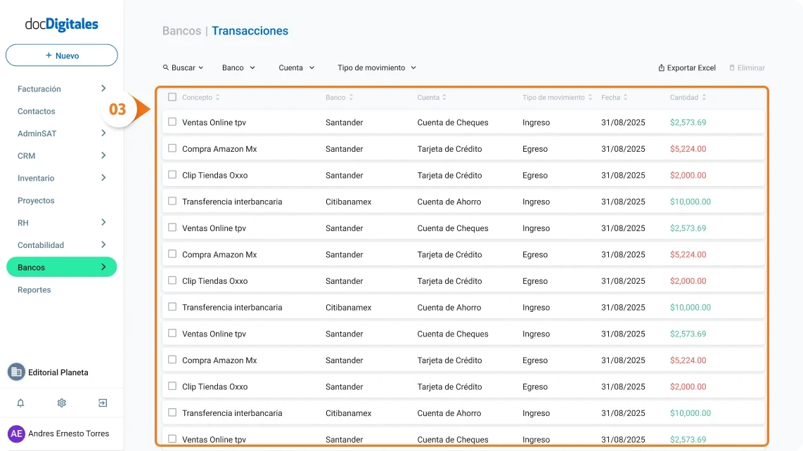 Eliminar una transacciónd del listado de transacciones bancarias en un ERP desarrollado para Pymes mexicanas