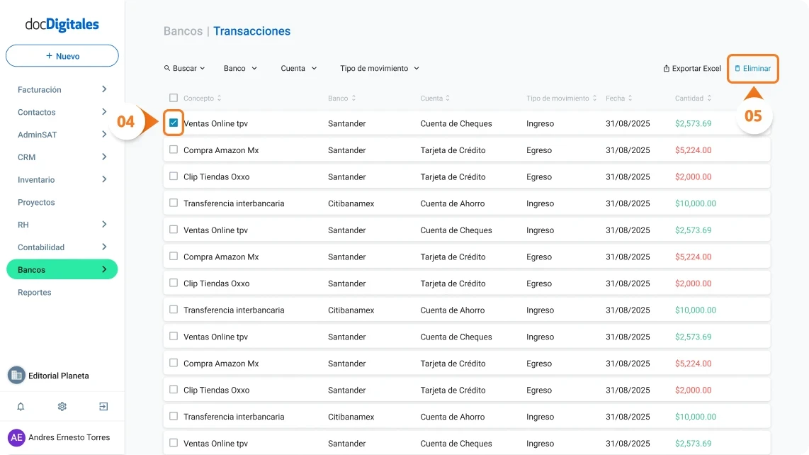 Eliminar una transacciónd del listado de transacciones bancarias en un ERP desarrollado para Pymes mexicanas