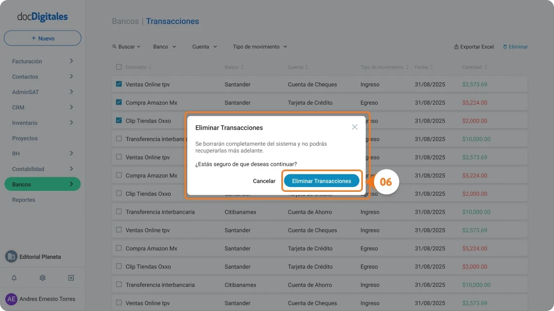 Eliminar una transacciónd del listado de transacciones bancarias en un ERP desarrollado para Pymes mexicanas