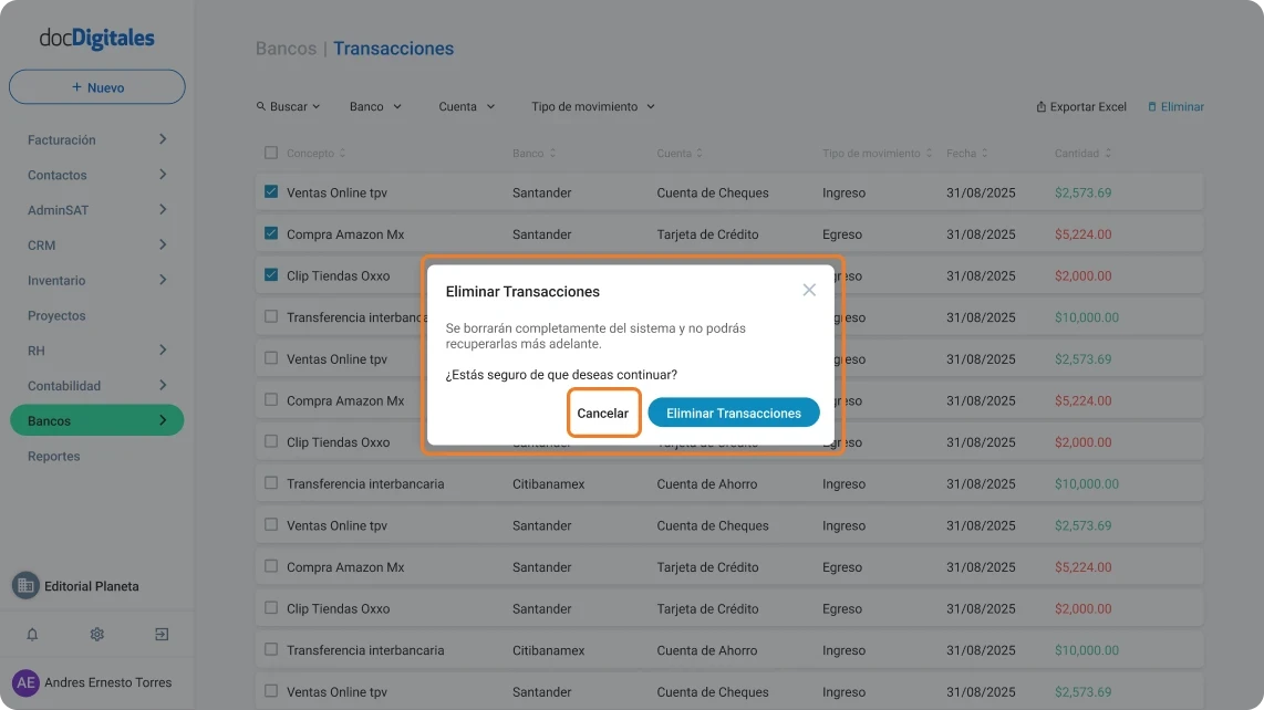 Eliminar una transacciónd del listado de transacciones bancarias en un ERP desarrollado para Pymes mexicanas