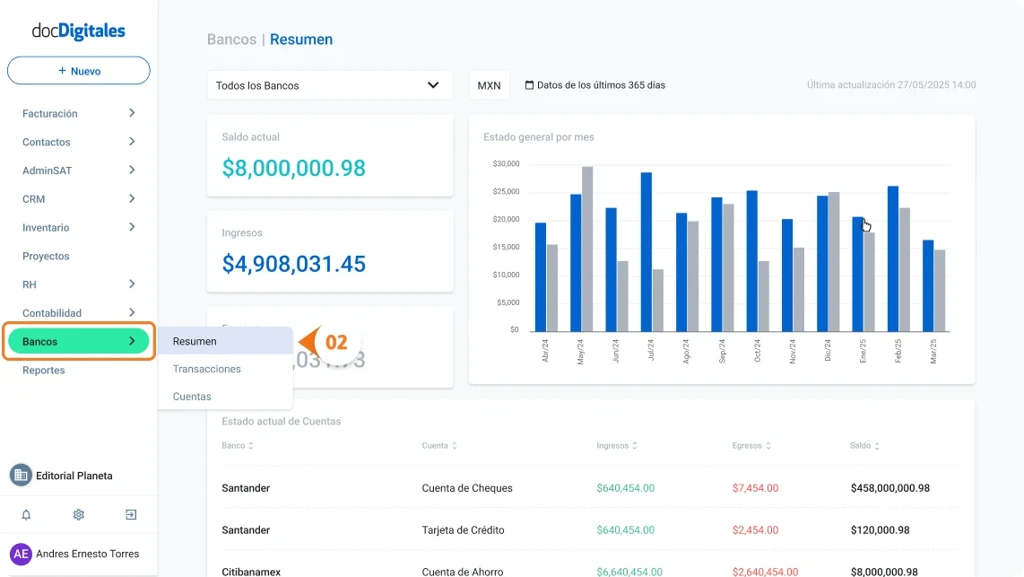 Consultar saldos de cuentas bancarias empresariales en un sistema de gestión integral para pymes mexicanas