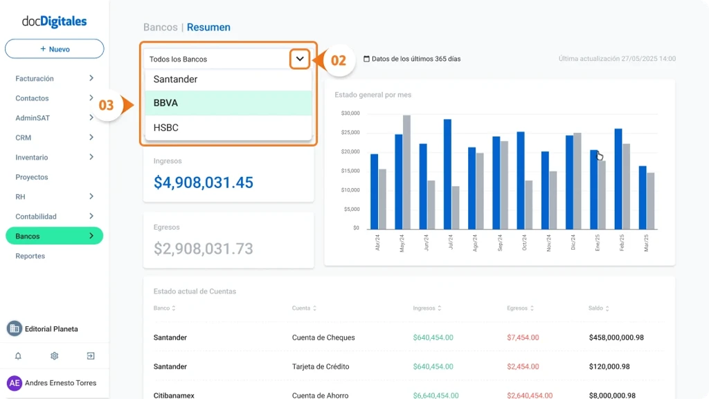Consultar saldos de cuentas bancarias empresariales en un sistema de gestión integral para pymes mexicanas