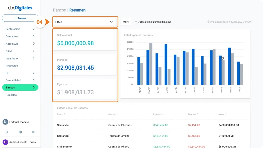 Consultar saldos de cuentas bancarias empresariales en un sistema de gestión integral para pymes mexicanas