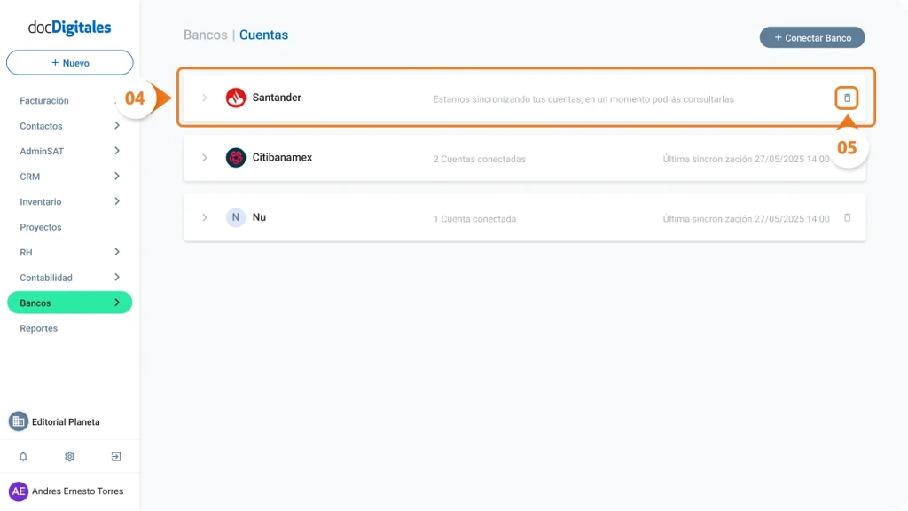 Desconectar o eliminar un banco conectado al sistema de gestión integral para pymes mexicanas
