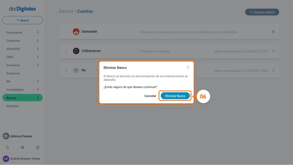 Desconectar o eliminar un banco conectado al sistema de gestión integral para pymes mexicanas