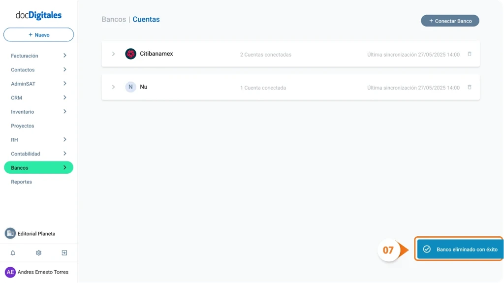 Desconectar o eliminar un banco conectado al sistema de gestión integral para pymes mexicanas
