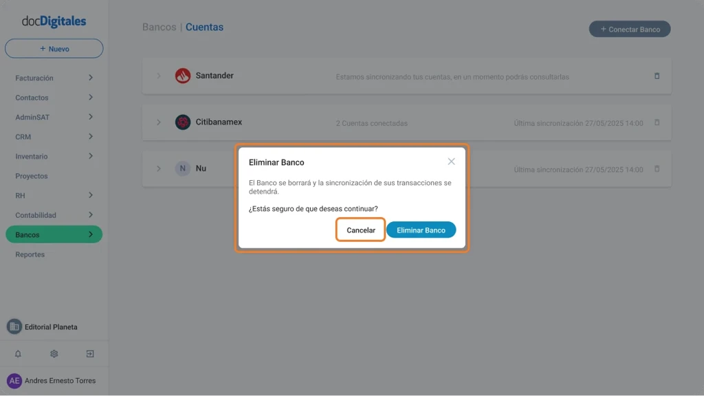 Desconectar o eliminar un banco conectado al sistema de gestión integral para pymes mexicanas