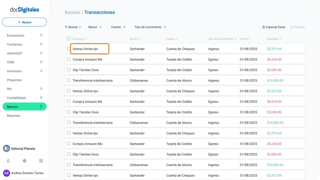 Consulta tus transacciones bancarias de tus cuentas conectadas en un ERP de gestión integral para Pymes mexicanas