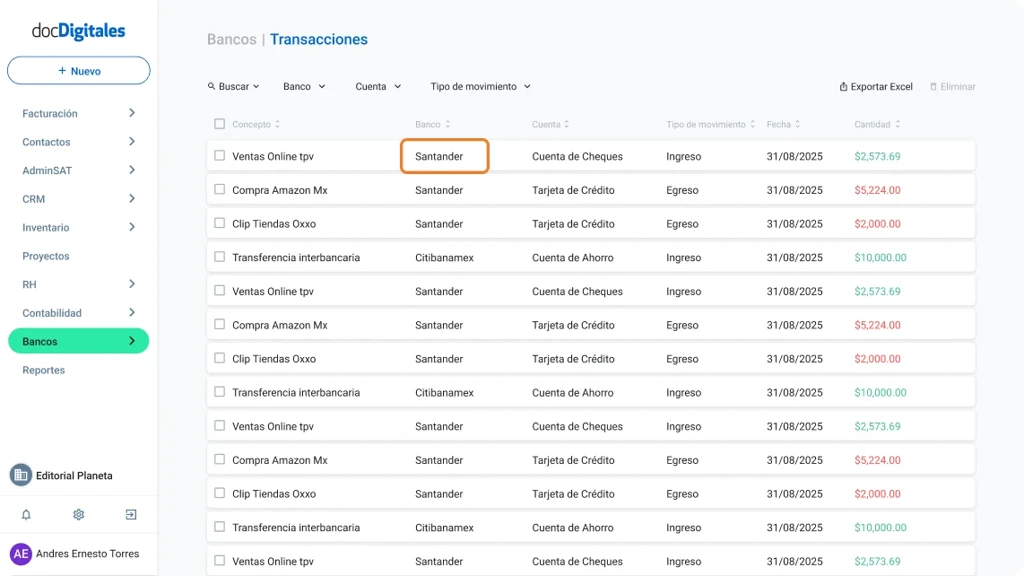 Consulta tus transacciones bancarias de tus cuentas conectadas en un ERP de gestión integral para Pymes mexicanas