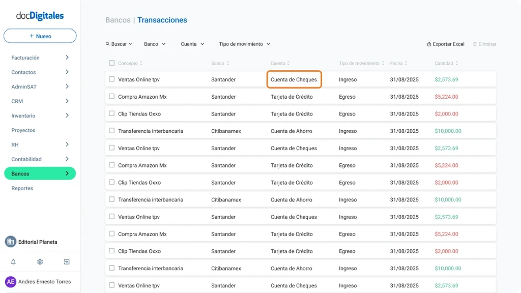 Consulta tus transacciones bancarias de tus cuentas conectadas en un ERP de gestión integral para Pymes mexicanas