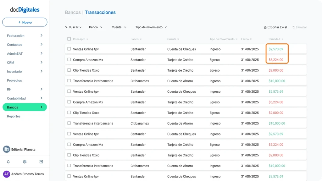 Consulta tus transacciones bancarias de tus cuentas conectadas en un ERP de gestión integral para Pymes mexicanas