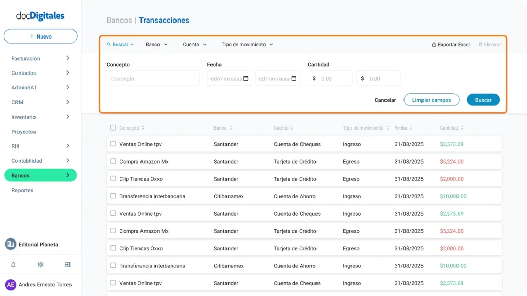 Consulta tus transacciones bancarias de tus cuentas conectadas en un ERP de gestión integral para Pymes mexicanas