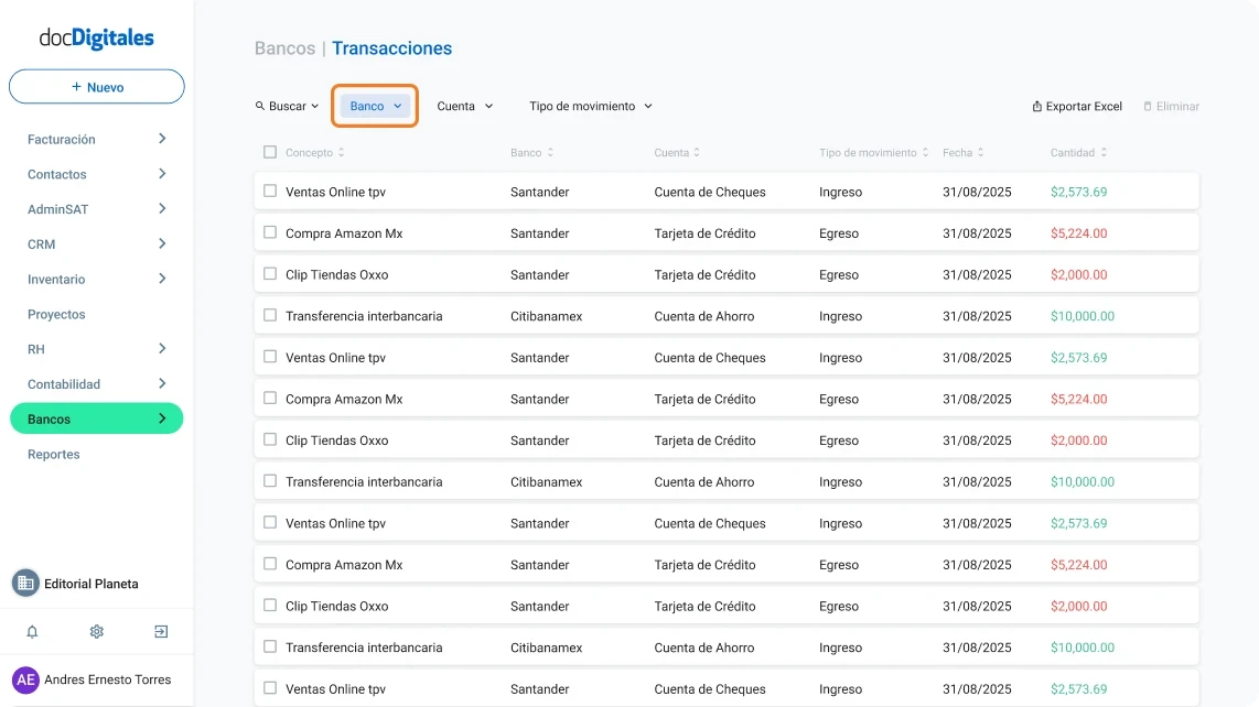 Buscar o filtrar transacciones bancarias específicas en un ERP de gestión empresarial para Pymes mexicanas