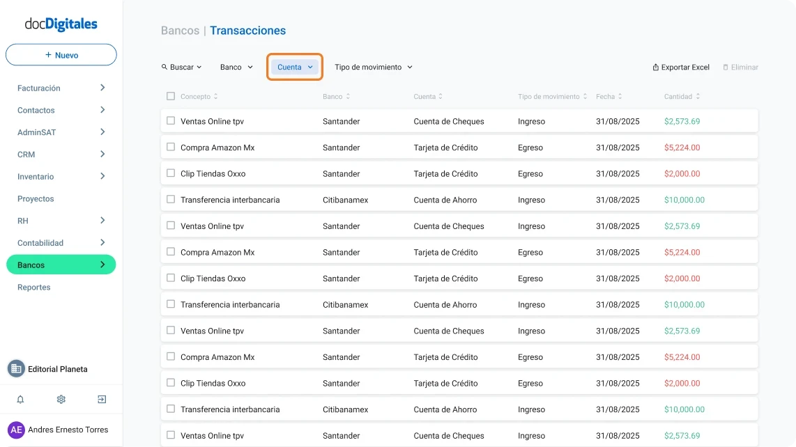 Buscar o filtrar transacciones bancarias específicas en un ERP de gestión empresarial para Pymes mexicanas