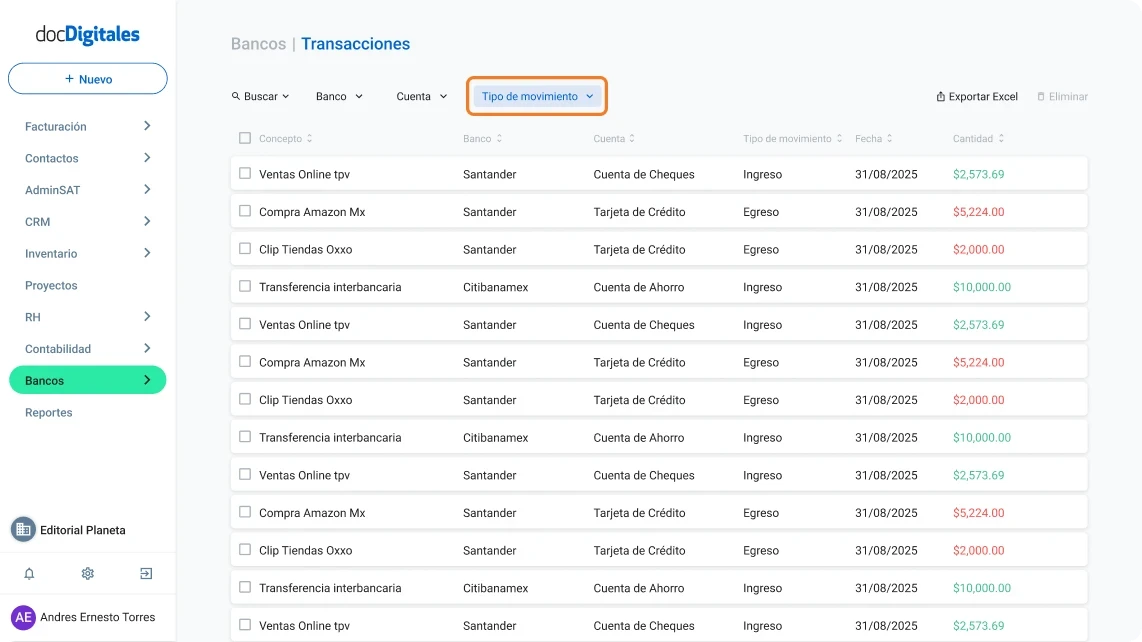 Buscar o filtrar transacciones bancarias específicas en un ERP de gestión empresarial para Pymes mexicanas