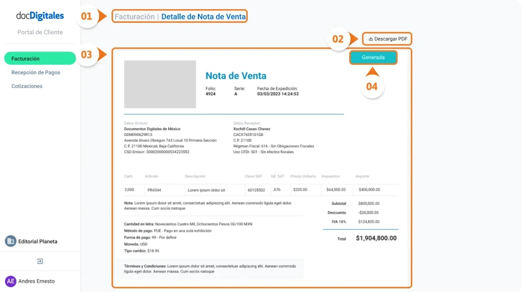 Detalles y elementos de documentos contables como es factura, nota de venta, cotización, Recepción de Pago generados en un ERP para pymes y empresas mexicanas
