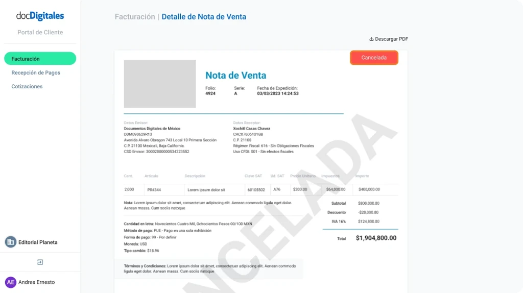 Detalles y elementos de documentos contables como es factura, nota de venta, cotización, Recepción de Pago generados en un ERP para pymes y empresas mexicanas