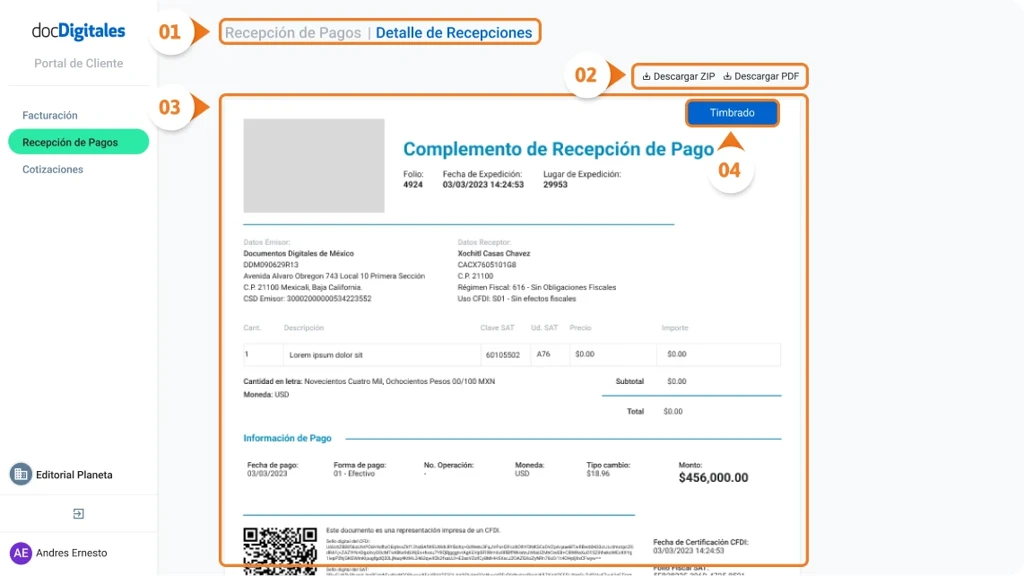 Detalles y elementos de documentos contables como es factura, nota de venta, cotización, Recepción de Pago generados en un ERP para pymes y empresas mexicanas