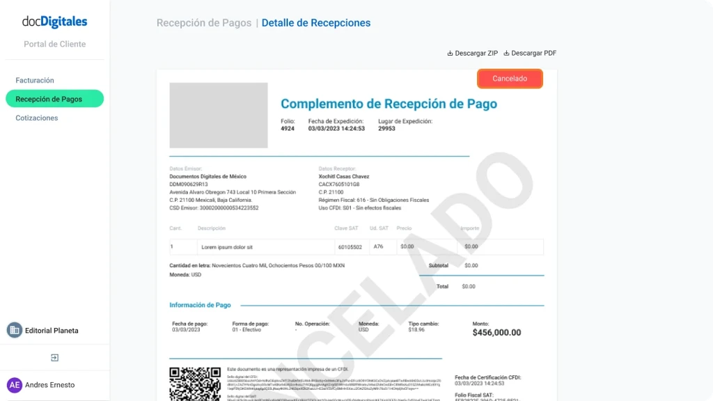 Detalles y elementos de documentos contables como es factura, nota de venta, cotización, Recepción de Pago generados en un ERP para pymes y empresas mexicanas