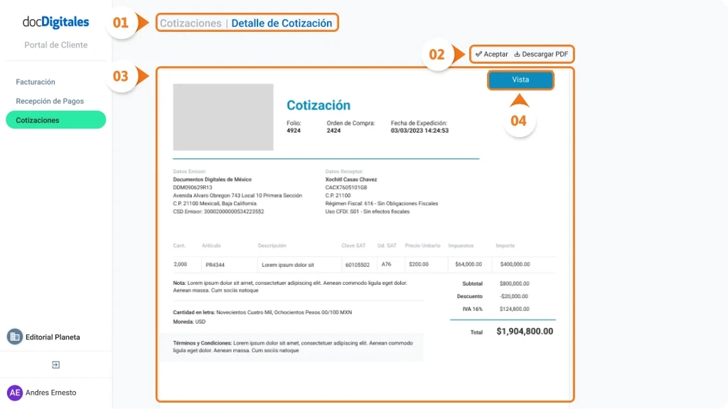 Detalles y elementos de documentos contables como es factura, nota de venta, cotización, Recepción de Pago generados en un ERP para pymes y empresas mexicanas