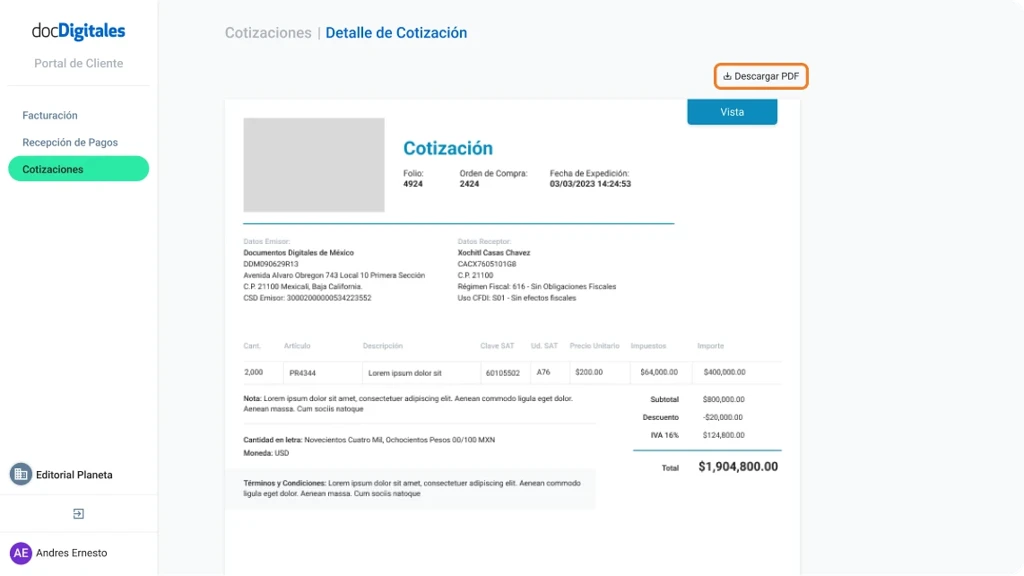 Detalles y elementos de documentos contables como es factura, nota de venta, cotización, Recepción de Pago generados en un ERP para pymes y empresas mexicanas