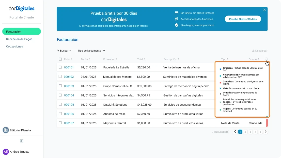 Estatus de documentos contables que se gestionan a través de un ERP o un sistema de gestión integral para pymes