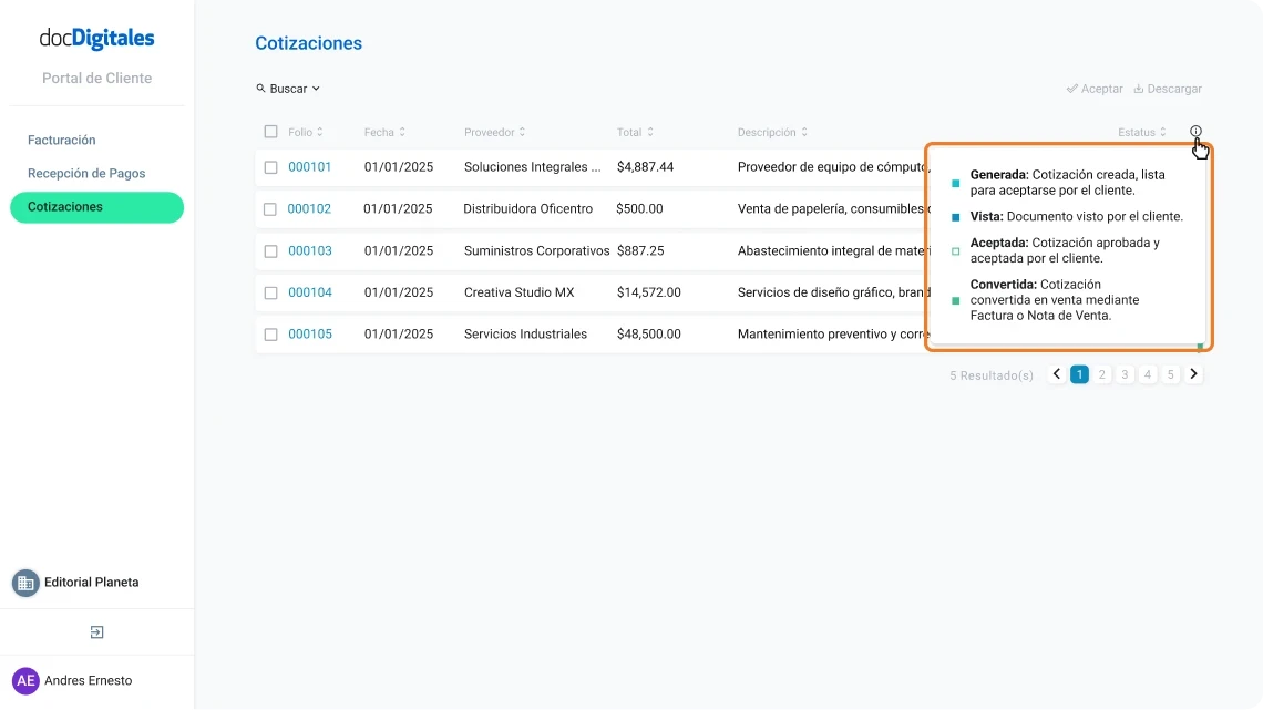 Estatus de documentos contables que se gestionan a través de un ERP o un sistema de gestión integral para pymes