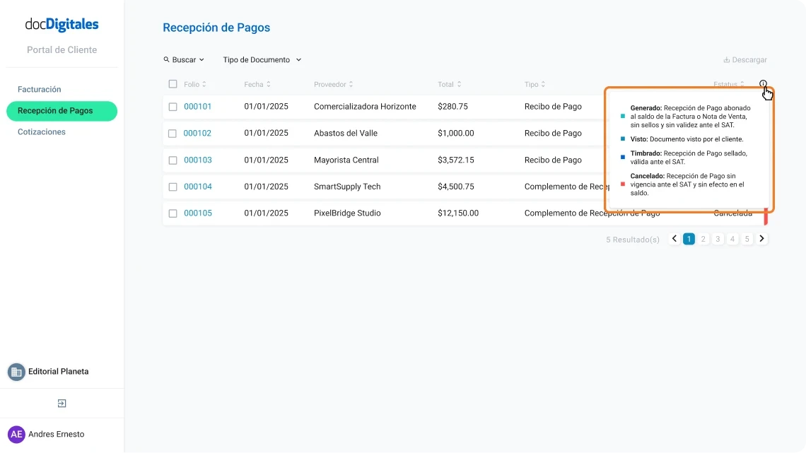 Estatus de documentos contables que se gestionan a través de un ERP o un sistema de gestión integral para pymes
