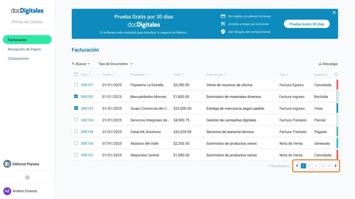Estatus de documentos contables que se gestionan a través de un ERP o un sistema de gestión integral para pymes