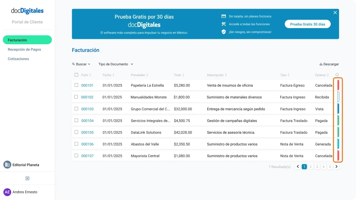 Estatus de documentos contables que se gestionan a través de un ERP o un sistema de gestión integral para pymes