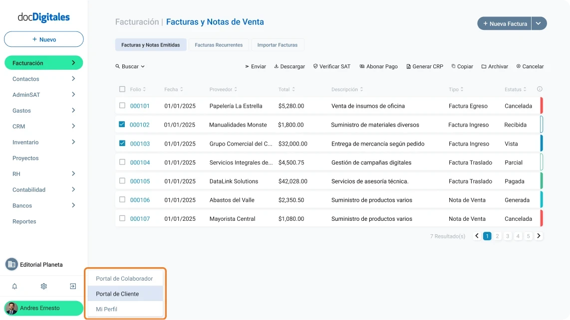 Estatus de documentos contables que se gestionan a través de un ERP o un sistema de gestión integral para pymes