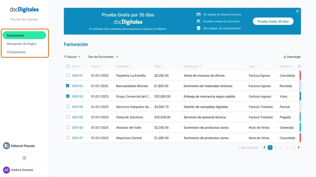 ERP para Pymes y empresas mexicanas con un sistema de gestión integral y Portal de cliente para centralizar la información