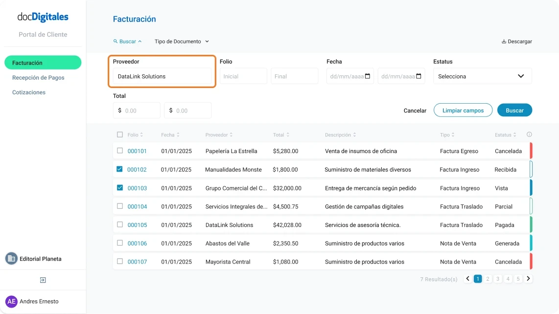 Buscar facturas, notas de venta, cotizaciones y documentos que te han generado tus proveedores dentro de un ERP de gestión integral para Pymes