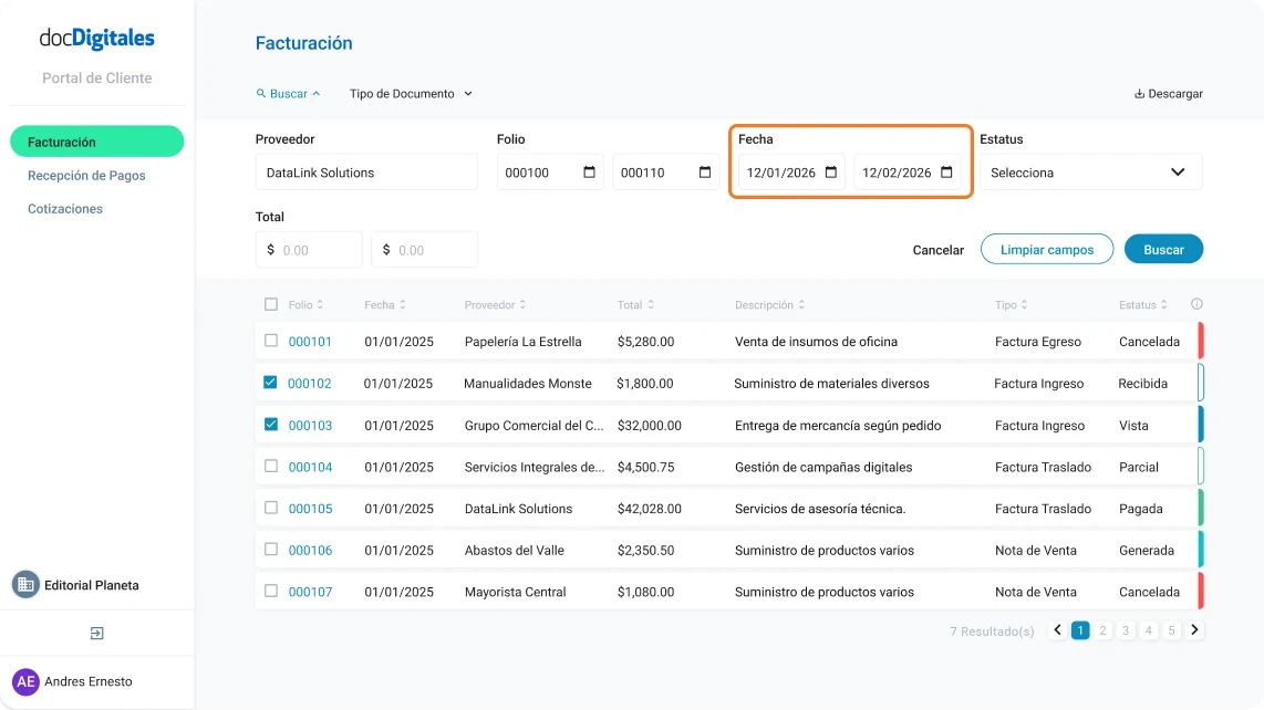 Buscar facturas, notas de venta, cotizaciones y documentos que te han generado tus proveedores dentro de un ERP de gestión integral para Pymes