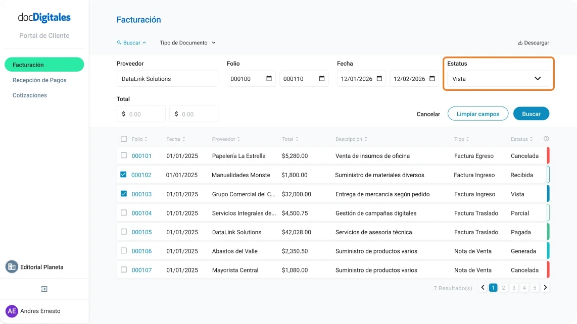Buscar facturas, notas de venta, cotizaciones y documentos que te han generado tus proveedores dentro de un ERP de gestión integral para Pymes
