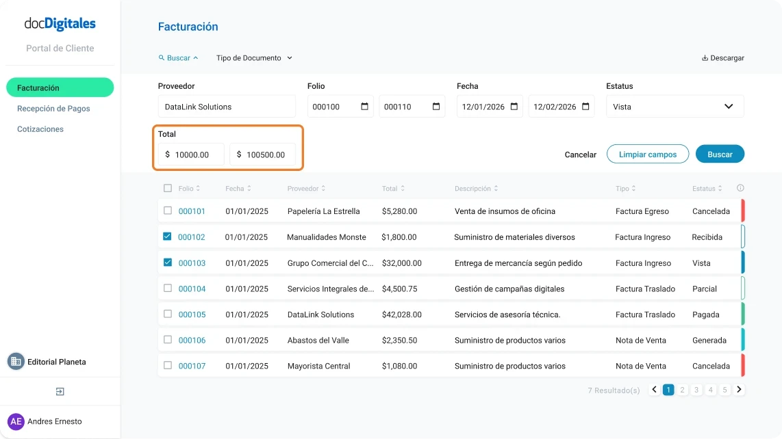 Buscar facturas, notas de venta, cotizaciones y documentos que te han generado tus proveedores dentro de un ERP de gestión integral para Pymes