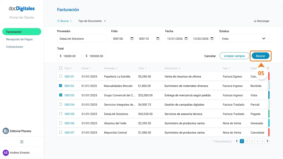 Buscar facturas, notas de venta, cotizaciones y documentos que te han generado tus proveedores dentro de un ERP de gestión integral para Pymes