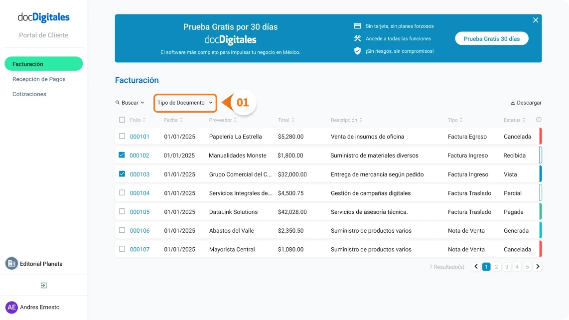 Buscar facturas, notas de venta, cotizaciones y documentos que te han generado tus proveedores dentro de un ERP de gestión integral para Pymes