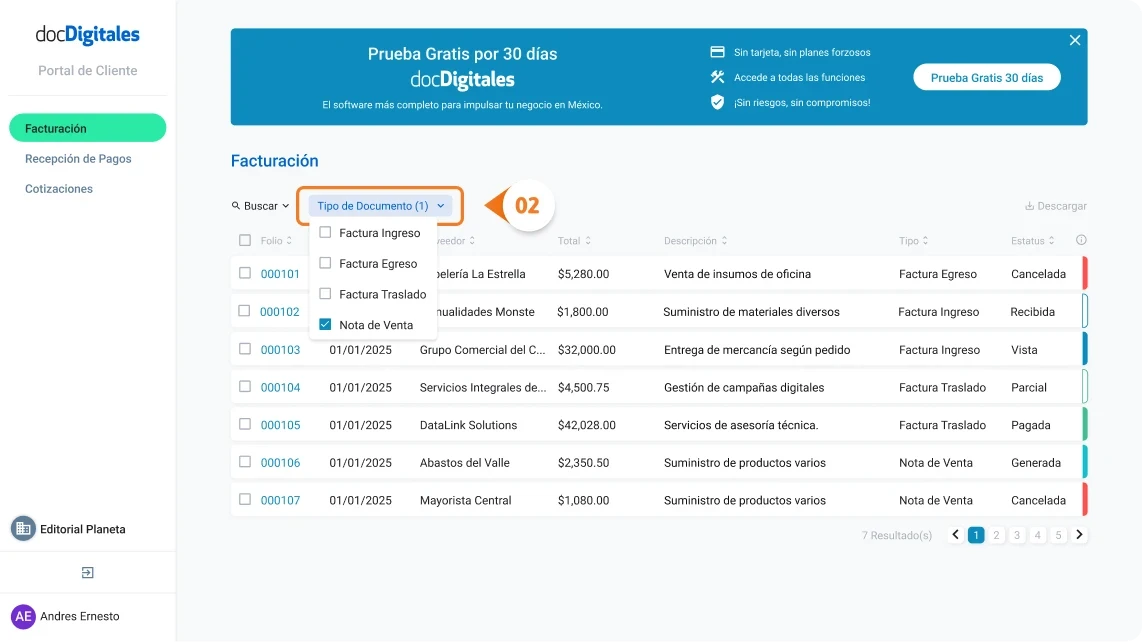 Buscar facturas, notas de venta, cotizaciones y documentos que te han generado tus proveedores dentro de un ERP de gestión integral para Pymes