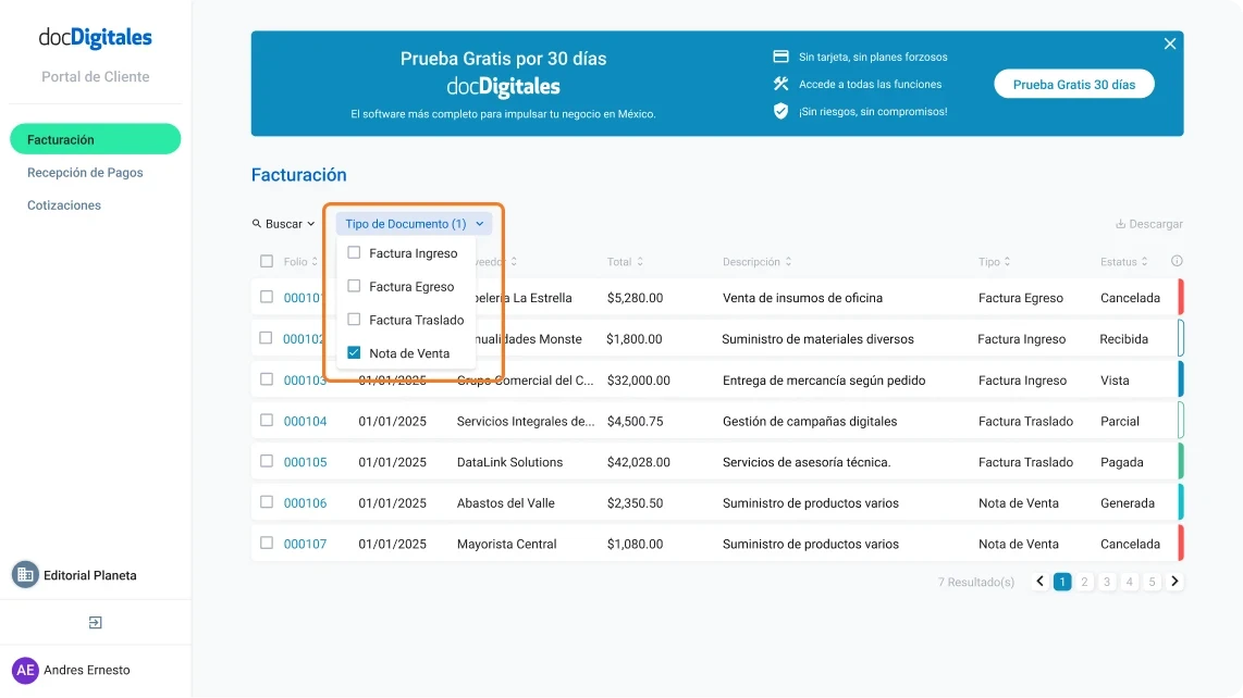 Buscar facturas, notas de venta, cotizaciones y documentos que te han generado tus proveedores dentro de un ERP de gestión integral para Pymes