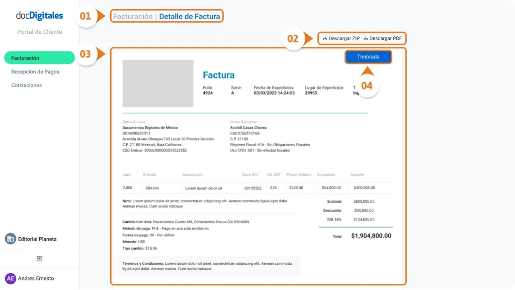 Detalles y elementos de documentos contables como es factura, nota de venta, cotización, Recepción de Pago generados en un ERP para pymes y empresas mexicanas