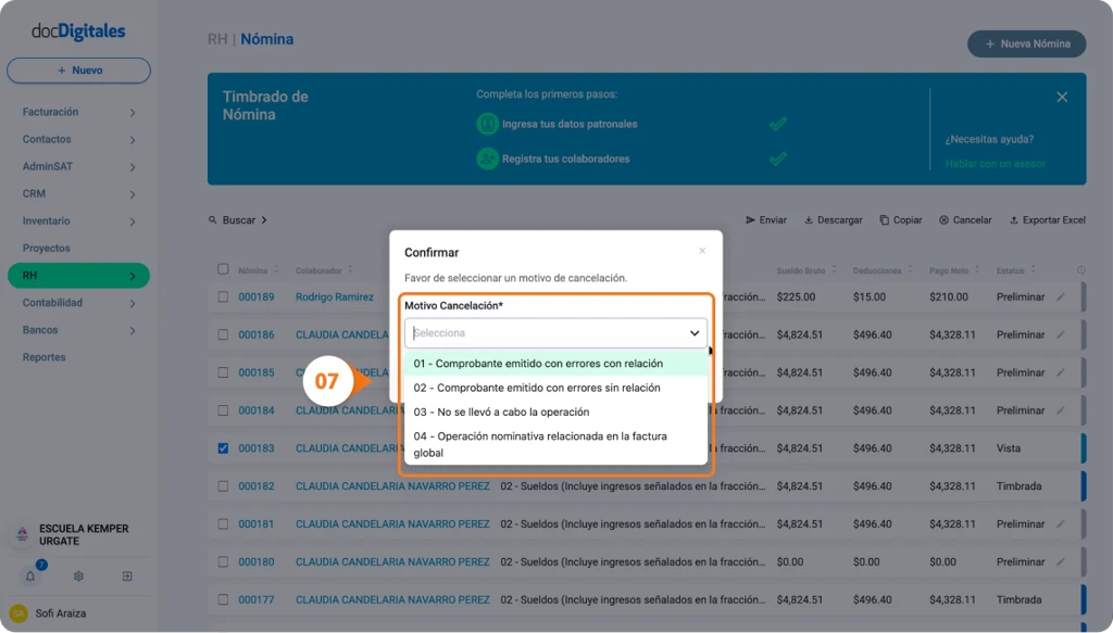 Cancelar la emisión de un recibo de nómina o eliminar un recibo de nómina del sistema - motivo 01 Comprobante emitido con errores con relación