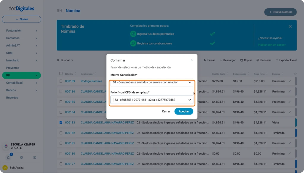 Cancelar la emisión de un recibo de nómina o eliminar un recibo de nómina del sistema - motivo 023 comprobante emitido con errores sin relación