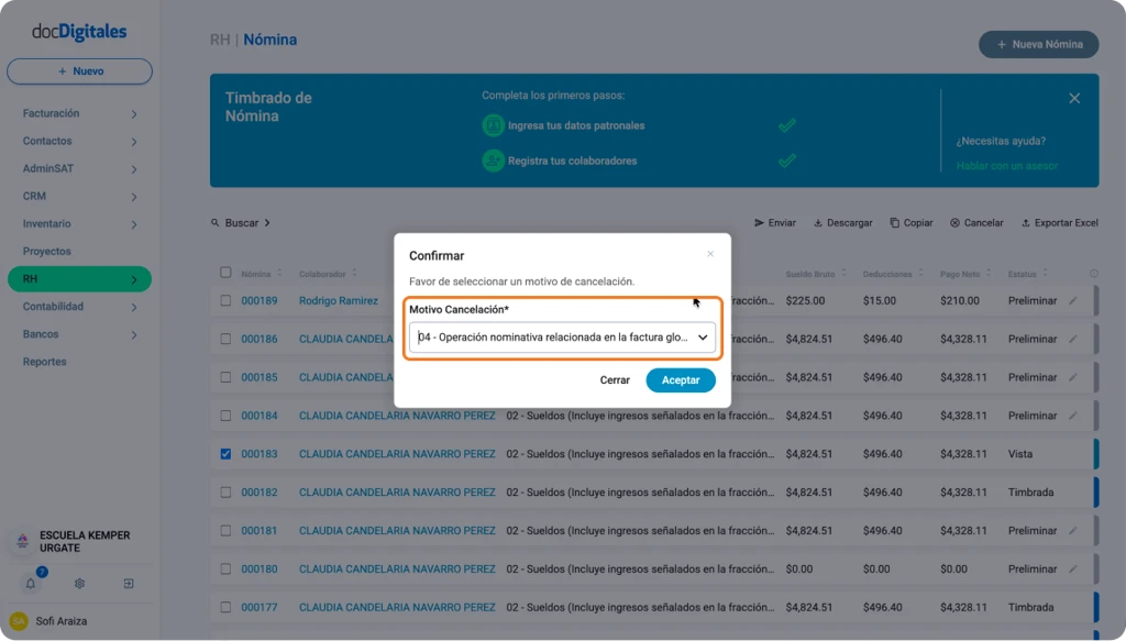 Cancelar la emisión de un recibo de nómina o eliminar un recibo de nómina del sistema