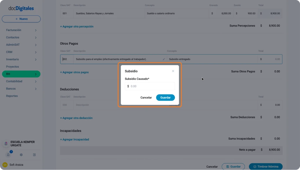 Otros pagos en recibo de nómina como un subsidio al colaborador- Clave SAT 002