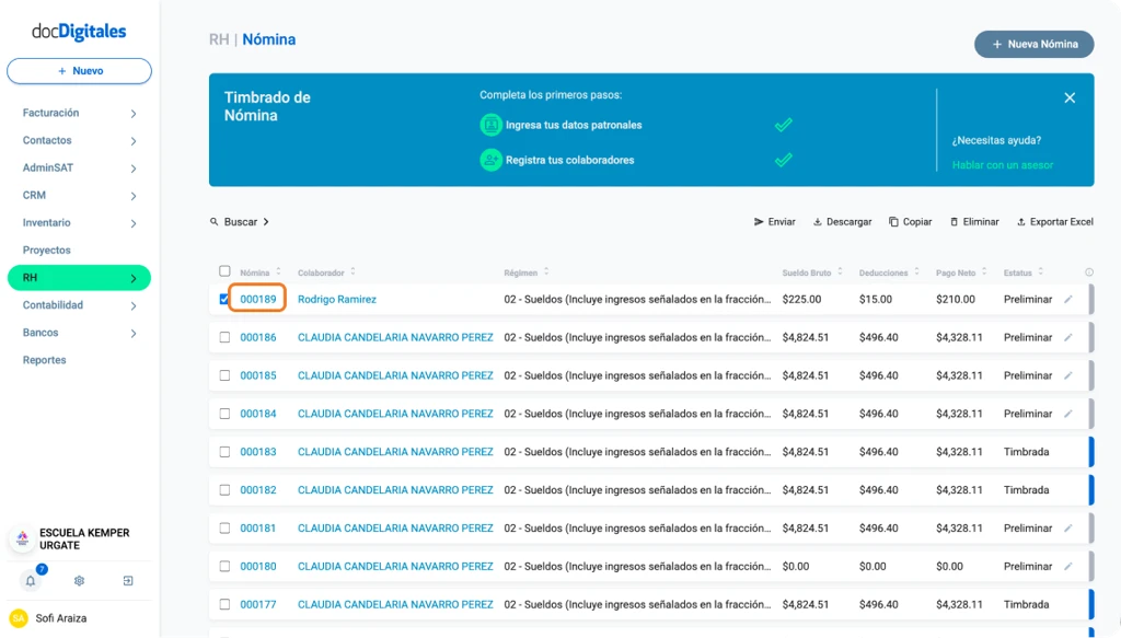 Listado de nóminas en un sistema de administración centralizada para Pymes
