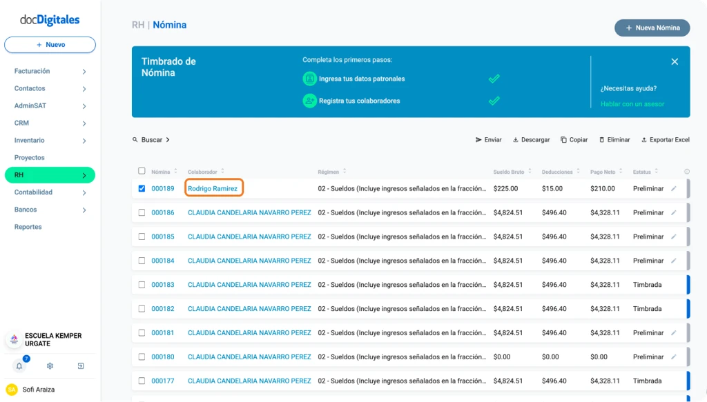 Listado de nóminas en un sistema de administración centralizada para Pymes