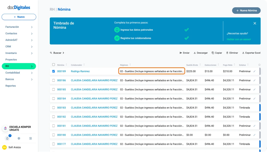 Listado de nóminas en un sistema de administración centralizada para Pymes