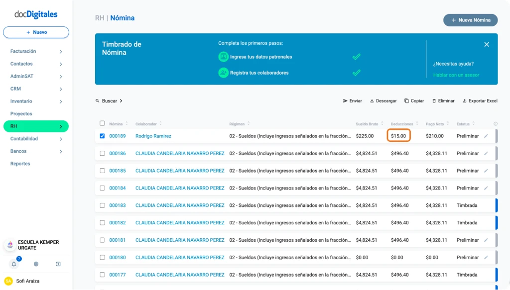 Listado de nóminas en un sistema de administración centralizada para Pymes